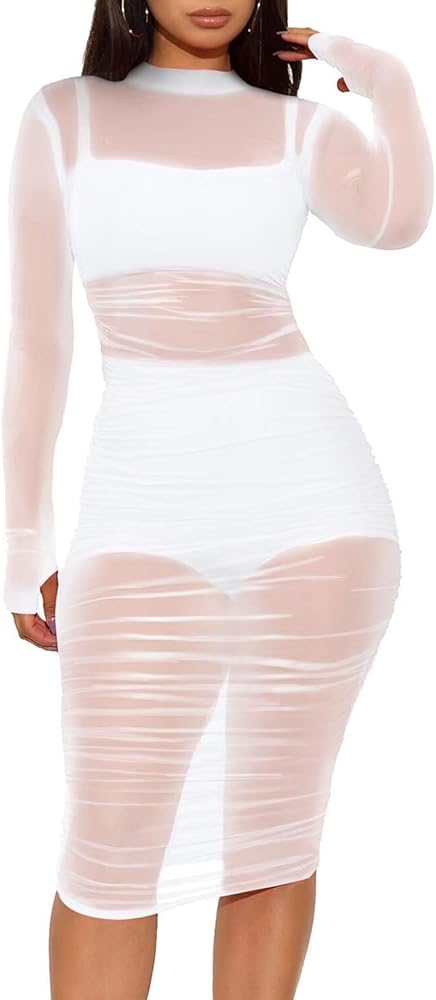 Women 3 Piece Outfits Sexy Crop Top Short Set Mesh See-Through Ruched Bodycon Midi Dress Clubwear