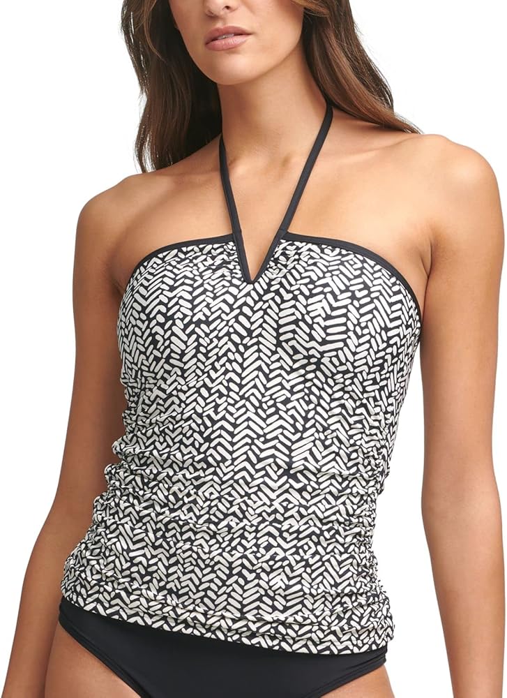 Calvin Klein Women's Black Printed V-Wire Removable Cups Stretch UV Protection Tie Halter Tankini Swimsuit Top L