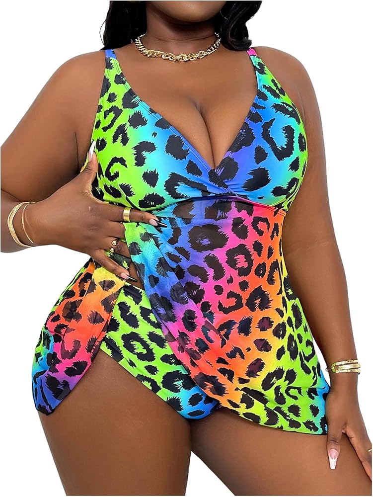 SOLY HUX Plus Size Tankini Swimsuits for Women Leopard Print Swim Dress and Bottom Two Piece Bathing Suit