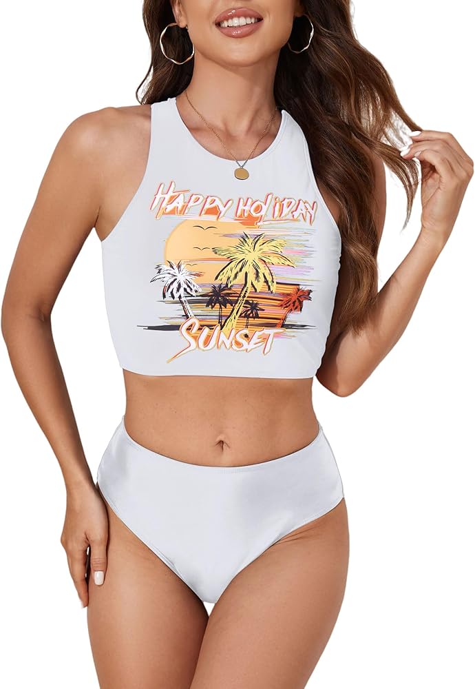 ZAFUL Women's Racerback Bikini Padded High Neck Tankini Set Sunset Print High Waisted Bikini Two Piece Swimsuit Bathing Suits