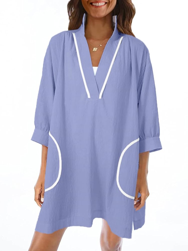 Saodimallsu Womens V Neck Swimsuit Coverup 3/4 Sleeve Color Block Oversized Cover ups Beach Mini Dress with Pockets, X-Large, Light Blue