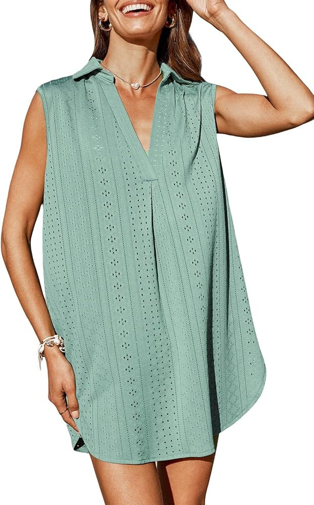 CUPSHE Women Swimsuit Coverup Sleeveless Hollow Out Eyelet Cover Ups V Neck Beach Tank Dress