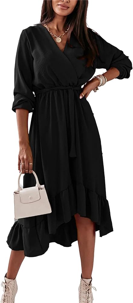 Womens V-Neck Long Sleeve Boho Dress Casual Solid Color Flowy Maxi Dress Elegant Ruffled Irregular Hem with Belt Dress