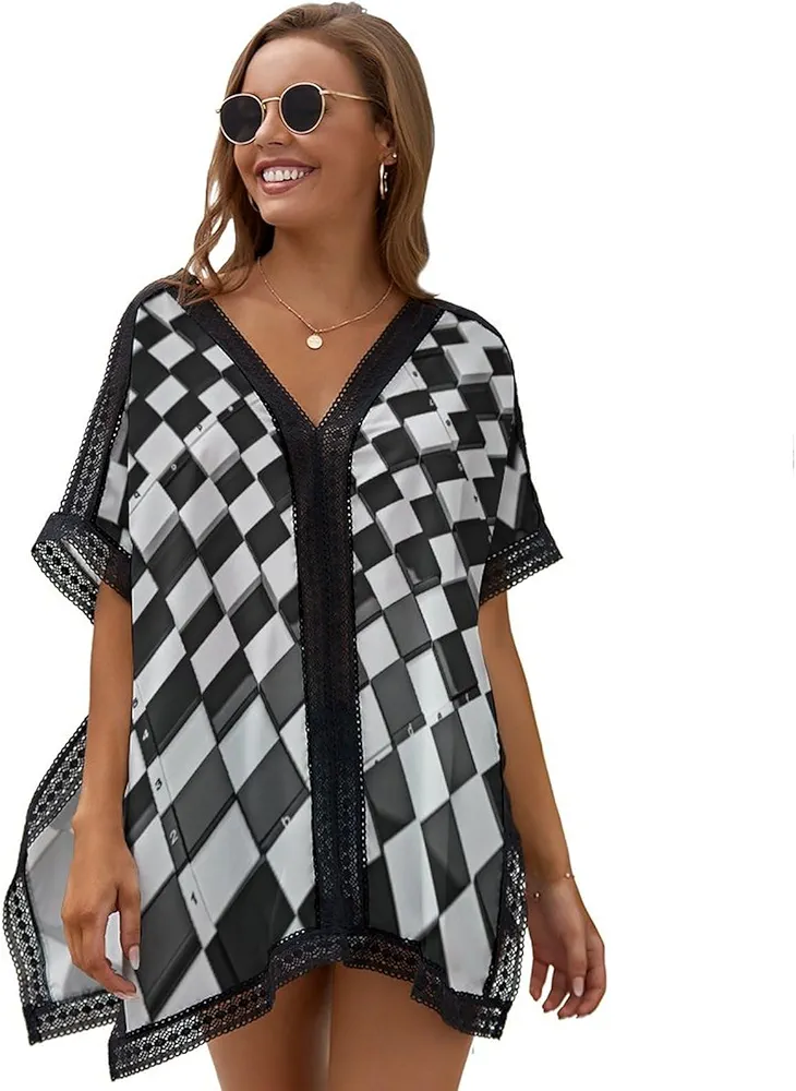 Futuristic Black and White Checkerboard Swimsuit Coverup for Women V Neck Bikini Beach Cover Up Lace Trim Poncho Beachwear Tops