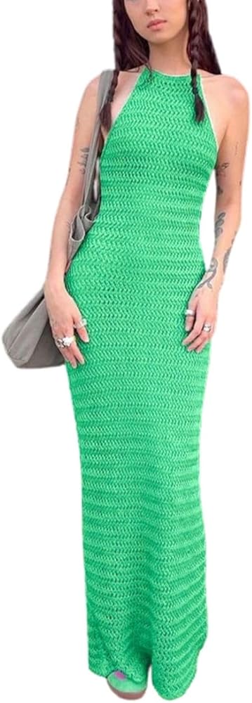 Women's Summer Crochet Cover Ups Halter Neck Sleeveless Tie Back Backless Long Midi Cami Beach Dress