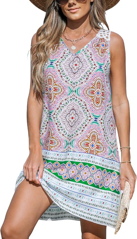 CUPSHE Women's V Neck Coverups Dress Boho Paisley Hollow Out Sleeveless Mini Dresses Summer Beach