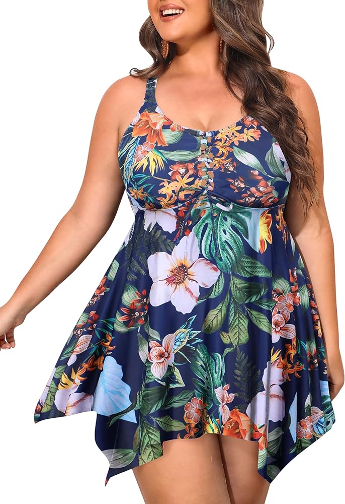 Womens Plus Size Tankini Swimsuit 2024 Two Piece Tummy Control Bathing Suits for Women Swim Dress with Shorts