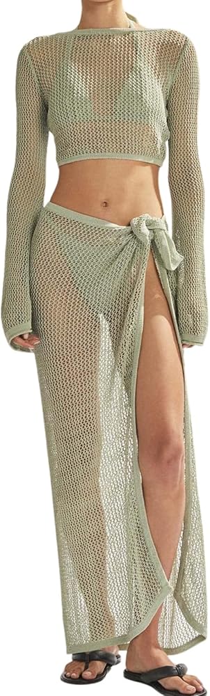 Gihuo Womens Swimsuits Cover Ups Crochet 2 Piece Bikini Coverup Beach Swimwear Hollow Out Bathing Suit Tie Skirt(Green-L)