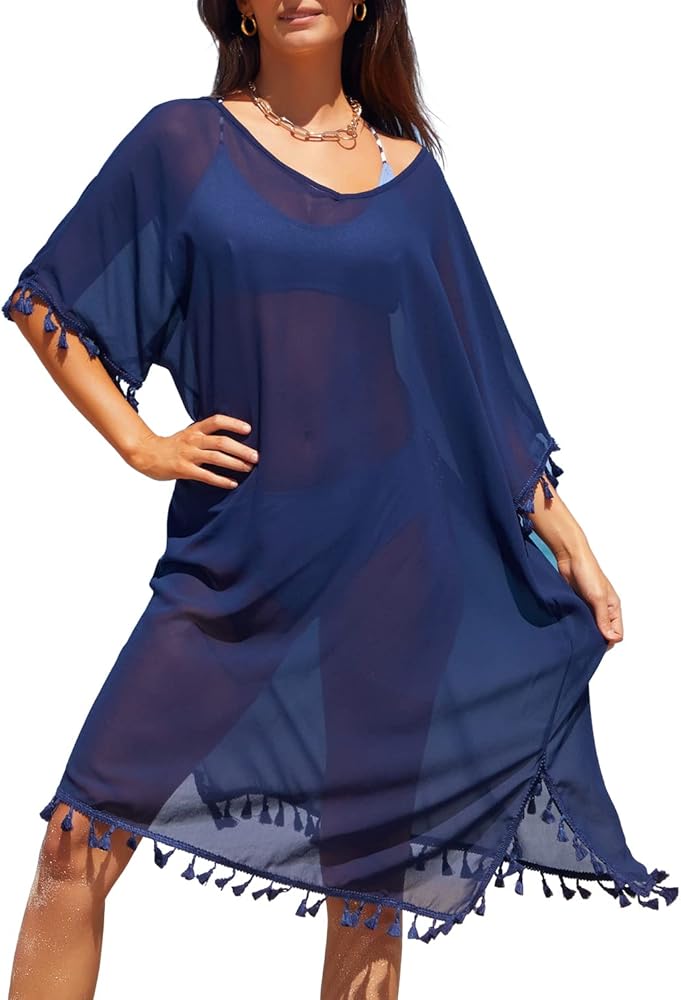 SuperPrity Women's Swimwear Cover Ups Summer Beach Swimsuit Cover Up Dresses Kimono Sarong (as1, alpha, one_size, regular, regular, 01Navy Blue)