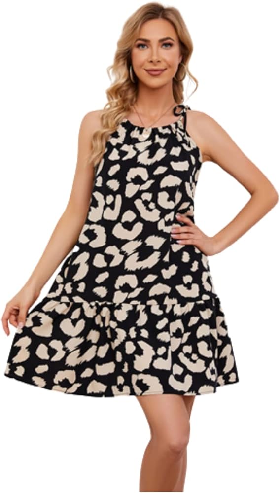 Summer Leopard Print Strapm Loose Dress Beach Holiday (L,Large)