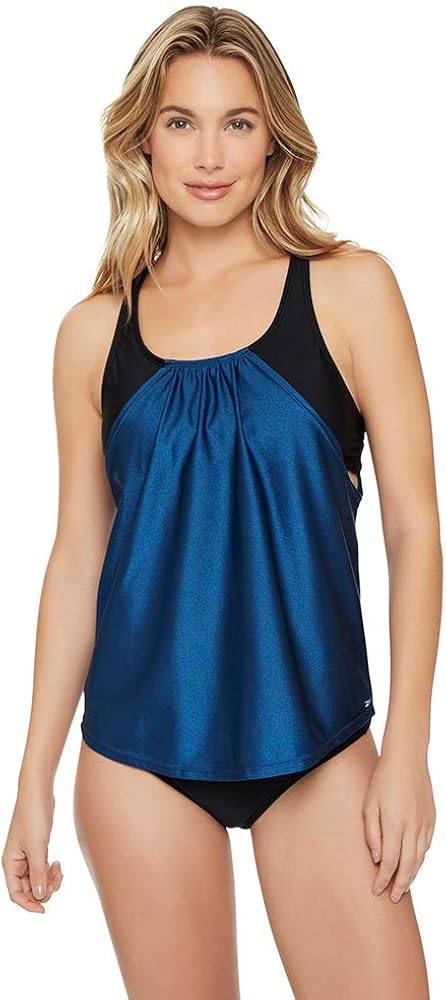 Reebok Women's Swimwear Sparkling Night Core Strappy Back Scoop Neck Soft Cup Tank Swim Bathing Suit Top