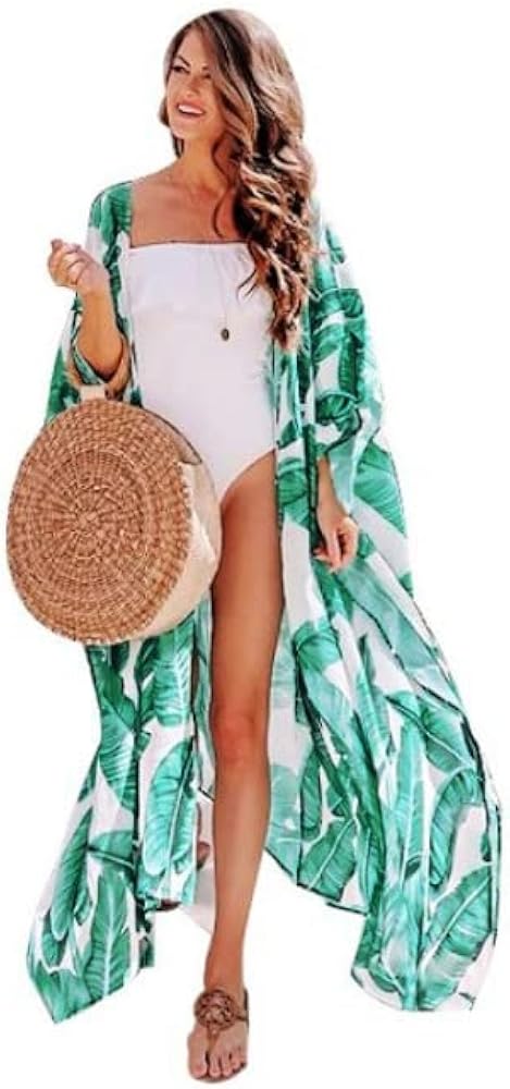 Women Chiffon Summer Beach Bikini Kimono Bathing Suit Cover Ups Robe Loose Geometry Print Floral Duster for Swimwear