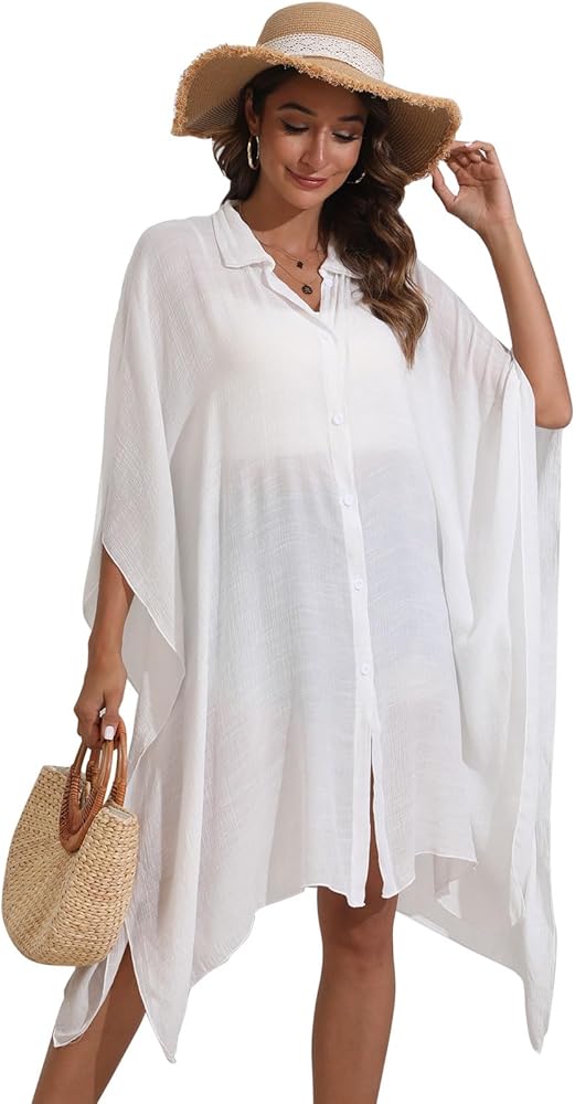 Women Swimsuit Cover Up Button Down V Neck Half Sleeve Loose Beach Cover Ups Swimwear Shirts