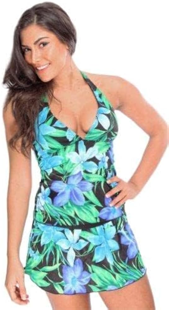 2 PC. Ladies' Black Blue Green Florals Halter Tankini Swimwear