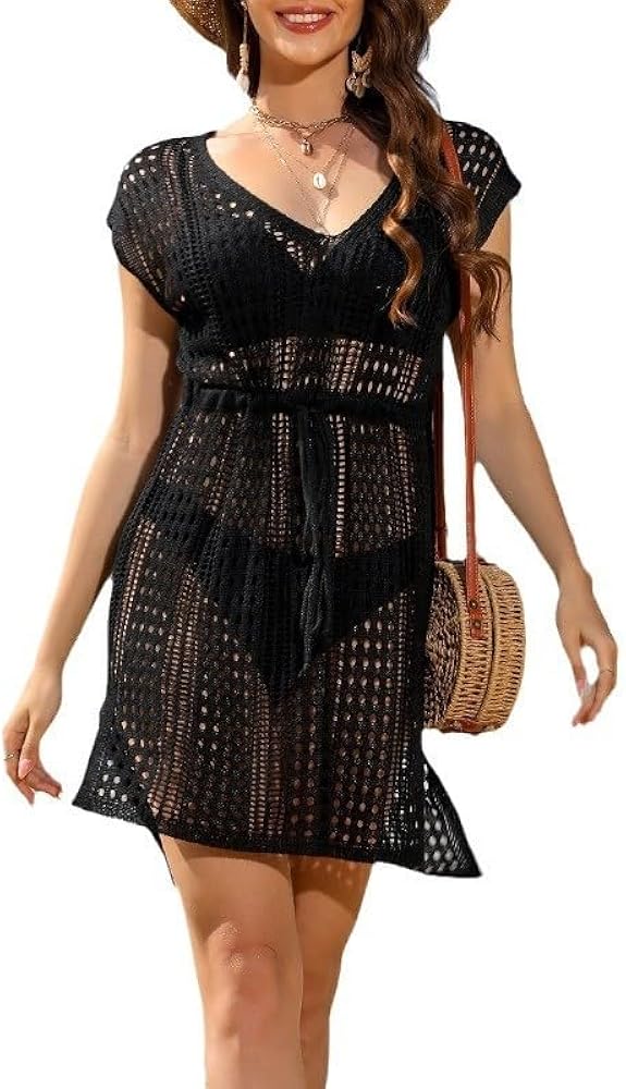 Womens Swimwear Cover Ups 2024 Swimsuit Coverup Summer Bathing Suit Crochet Hollow Out Knit Beach Dresses