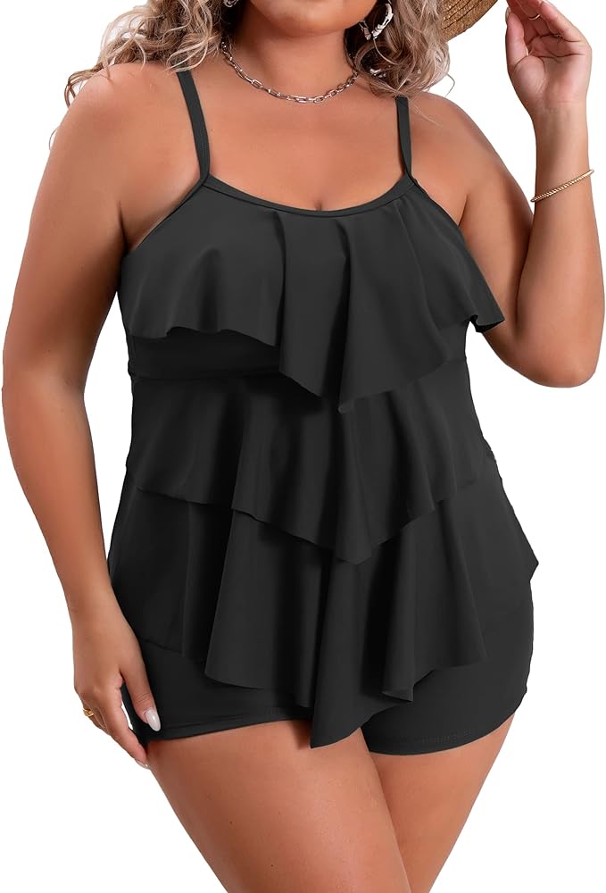 B2prity Women Plus Size Tankini Swimsuits Tummy Control Two Piece Bathing Suit Ruffled Flounce Swimwear with Shorts