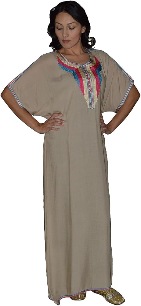 Moroccan Caftans Handmade Cotton Blend Hand Embroidery Breathable Soft Beige Fits Small to Large