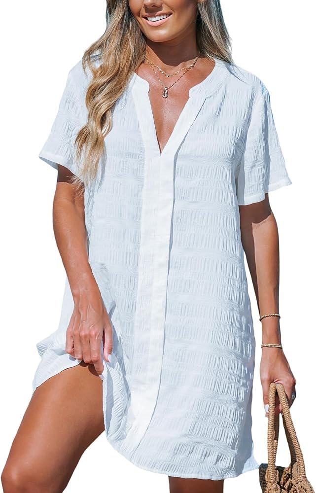 CUPSHE Women's Short Sleeves Cover Up V Neck Swimsuit Pleated Beachwear Summer Mini Dresses 2024