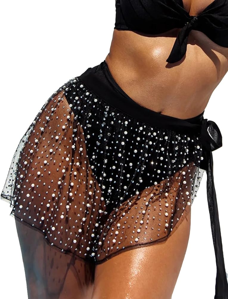 Pearl Swimsuit Cover Up for Women, Rhinestone Beach Tie Sarong Bathing Suit Cover Up, Sheer Mesh Slit Dress Skirt