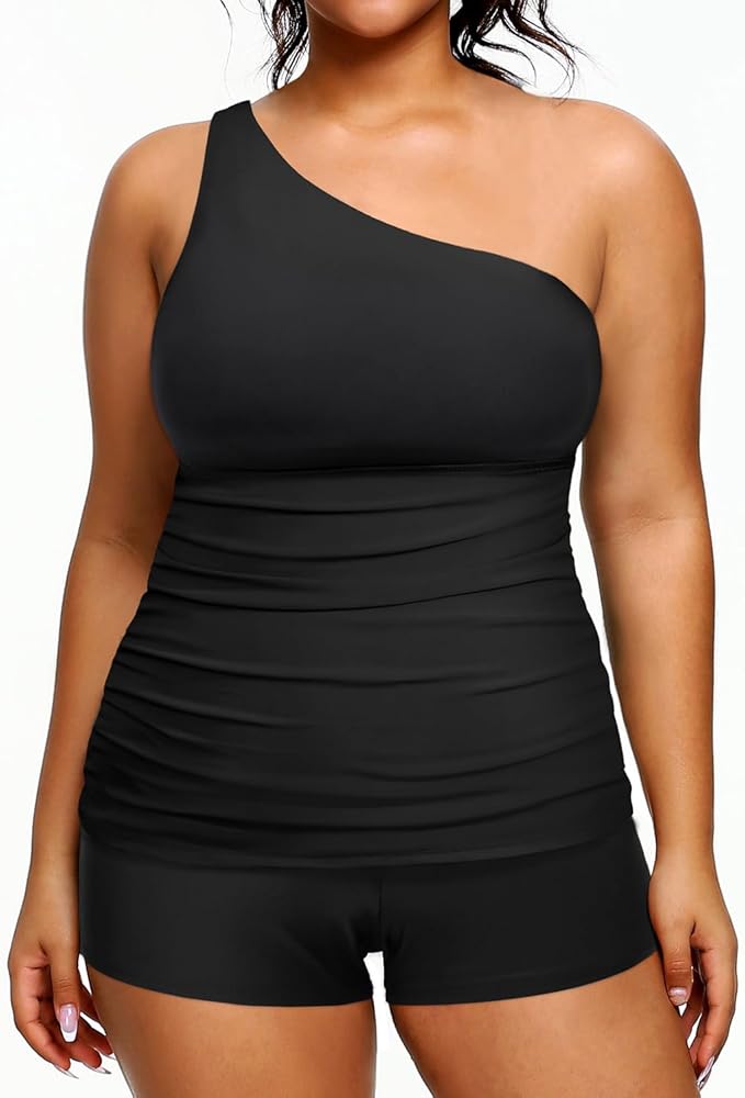 Women One Shoulder Plus Size Tankini with Shorts Two Piece Swimsuit Tummy Control Bathing Suit