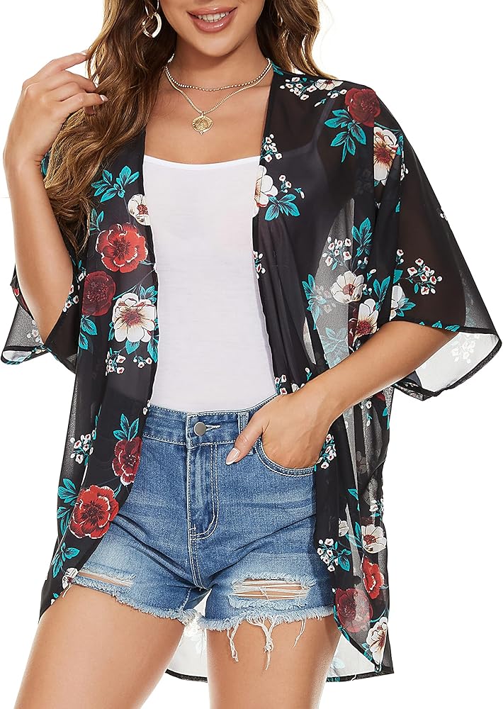 Women Kimono Cardigans Swimsuit Cover Ups Hawaiian Blouse Loose Fitting Plus Size Tops(BKRF,L)