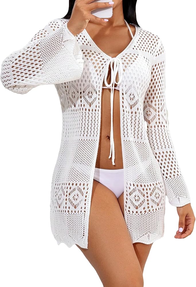 WDIRARA Women's Hollow Out Tie Front Beach Kimono Long Sleeve See Through Solid Crochet Cover Up