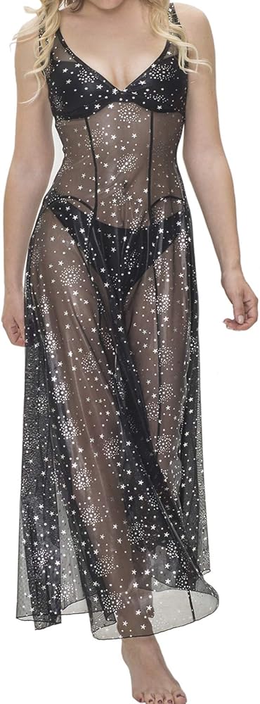 Womens Casual Long Tulle Sheer Mesh Maxi Overlay Dress Transparent Black Cover Up Beach Dresses