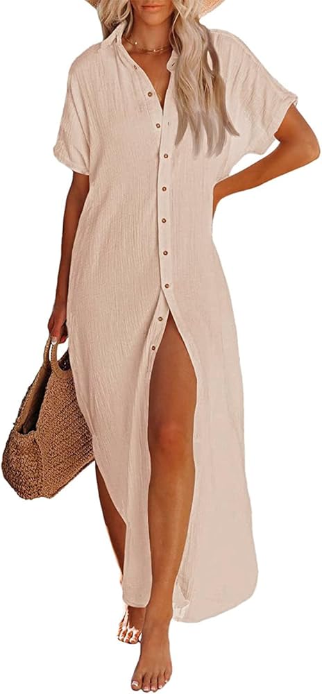 Uvog Womens Casual Short Sleeve Button Down Dress Maxi Long Kimonos Cardigans Split Swimsuit Beach Cover Ups