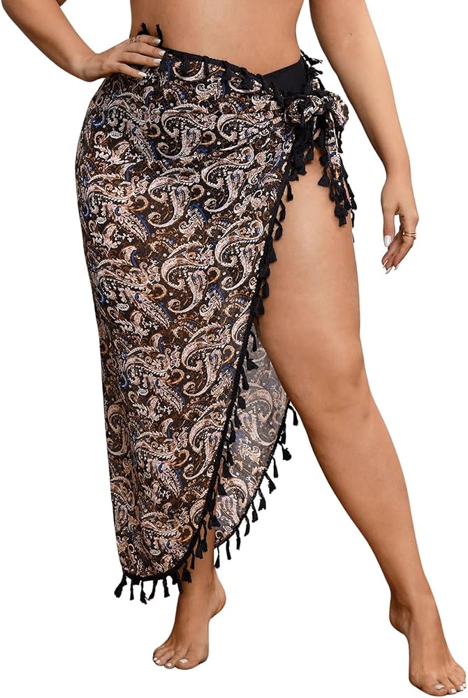 SHENHE Women's Plus Size Tassel Trim Paisley Print Sarong Coverup Boho Beach Wrap Skirt