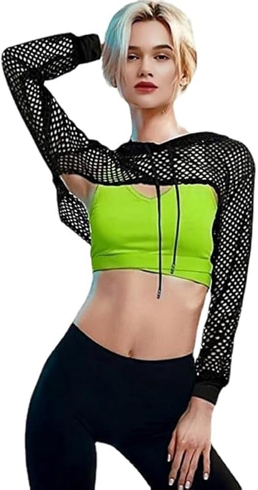 Women Mesh Crop Top Hoodie Girl See Through Pullcover Up Summer Long Sleeve Rave Top Club Party Bikini Beach Shirt