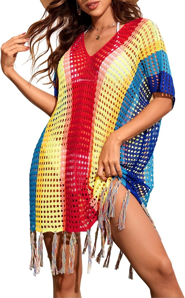 Verdusa Women's Colorblock Boho Fringe Half Sleeve Bikini Cover Up Cardigan Dress