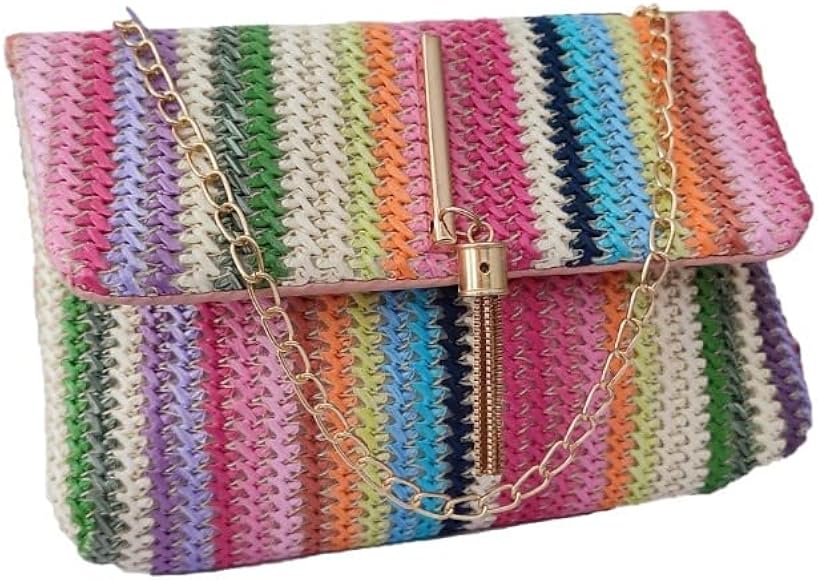 Fashion Cuqui Bolso de hombro de Rafia de cadena con solapa de decoración de borla de metal con patrón de rayas de arco iris, cruzado, mujer, monedero