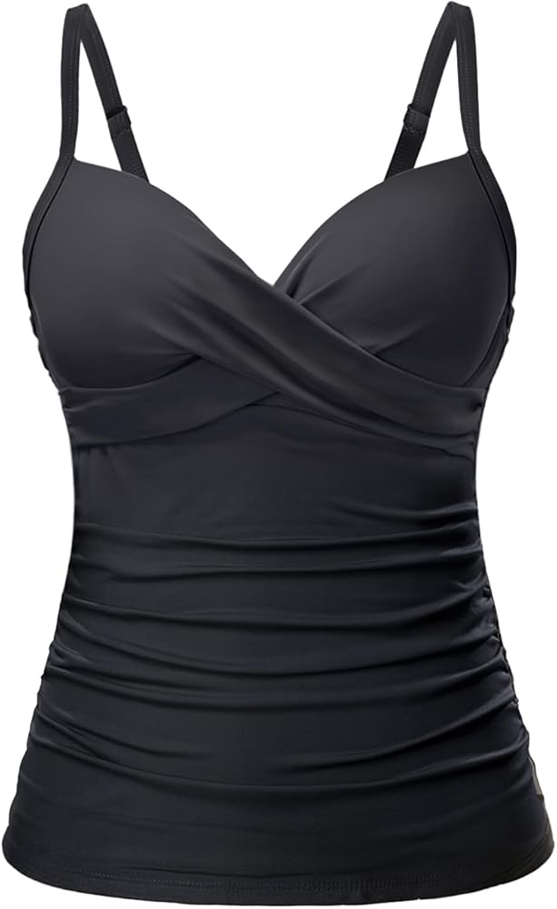 Tempt Me Women’s Black Underwire Tankini Top Tummy Control Swim Tops Only Twist Front Push Up Bathing Suit No Bottom L