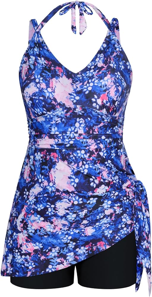 Hanna Nikole Women Plus Size Two Piece Tankini Swimdress V Neck Halter Floral Asymmetrical Hem Skirted Swimsuit with Boyshort