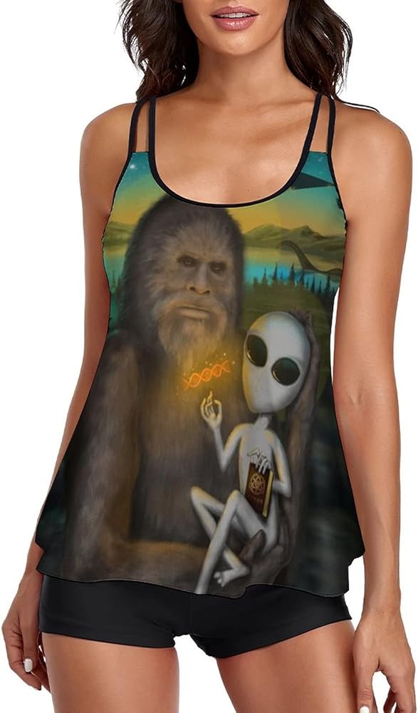 Aliens and Bigfoot Women Two Piece Tankini Swimwear Swimsuits Bathing Suits Set with Strappy Top and Shorts