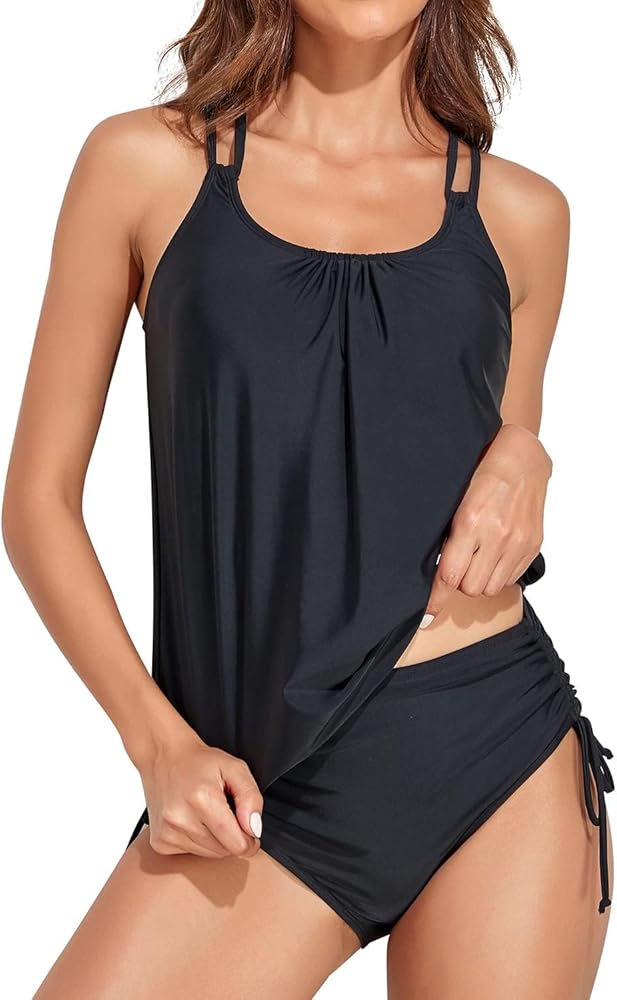 Holipick Two Piece Tankini Swimsuits for Women Tummy Control Bathing Suits Athletic Blouson Tankini Top with Bikini Bottom