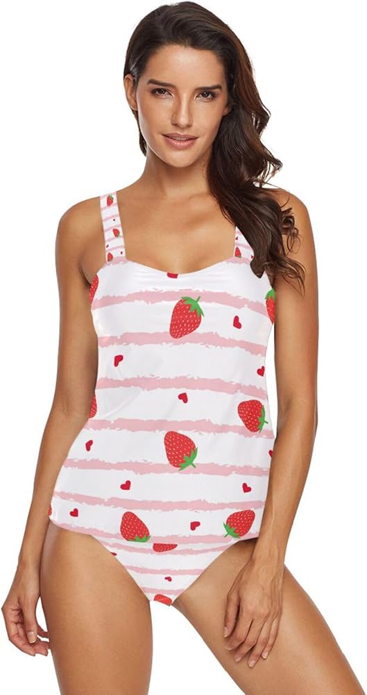 Strawberry 2 Piece Women Tankini Swimsuit Tummy Control Sport Bathing Suit with Bikini Bottom