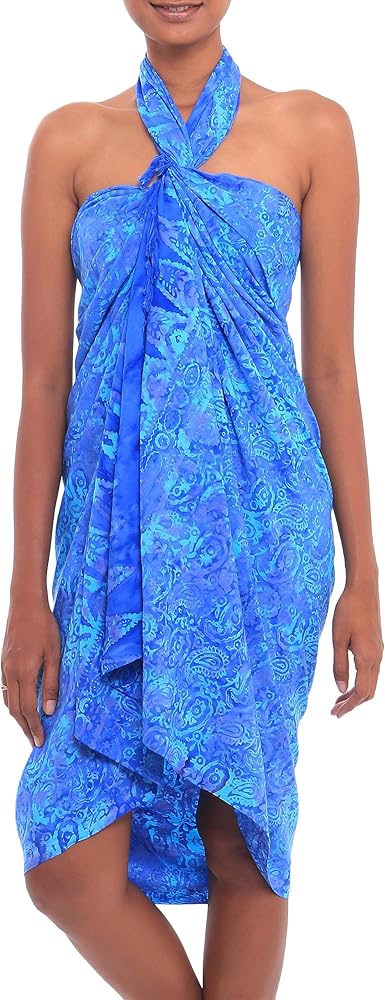 NOVICA Artisan Handmade Batik Rayon Sarong Paisley Motif in Blue from Bali Clothing Printed Indonesia ' Oceanic Paisleys'