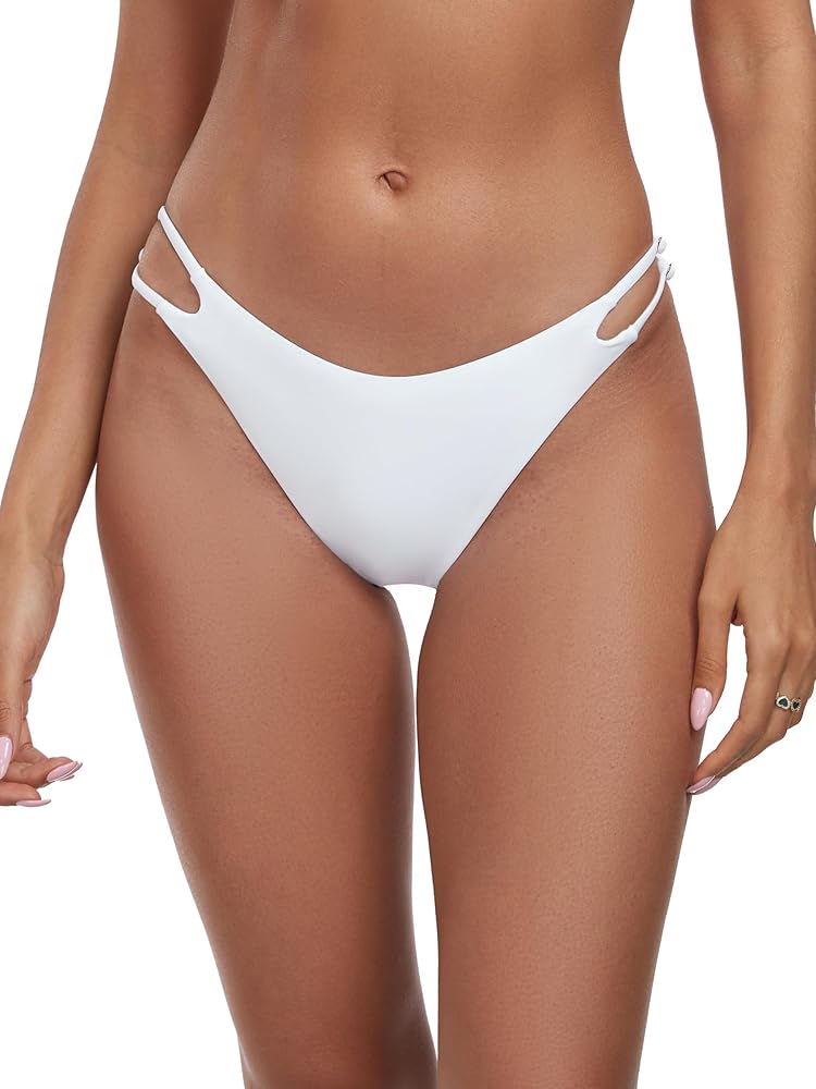 Women's Low Waisted Bikini Bottoms Double Straps Cut-out Swimsuit Bottoms Cheeky Bathing Suit Bottoms