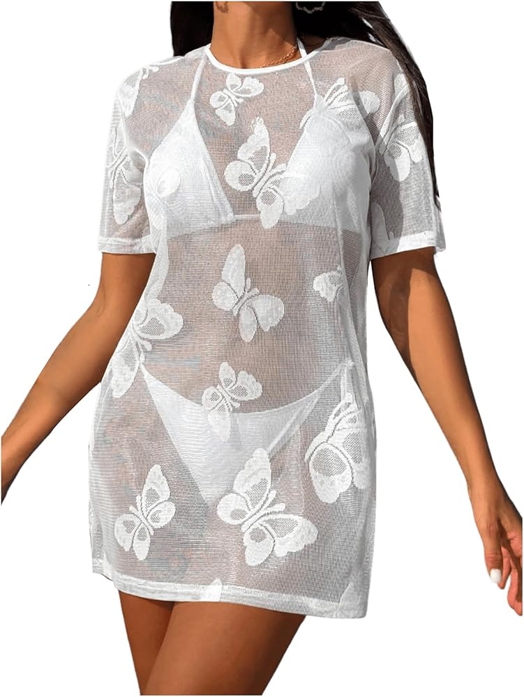 Women's Butterfly Print Cover Up Short Sleeve Mesh Beach Swimwear Cover Ups Dress