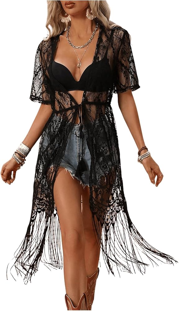 Floerns Women's Sheer Lace Short Sleeve Cowboy V Neck Fringe Trim Beach Cover Up