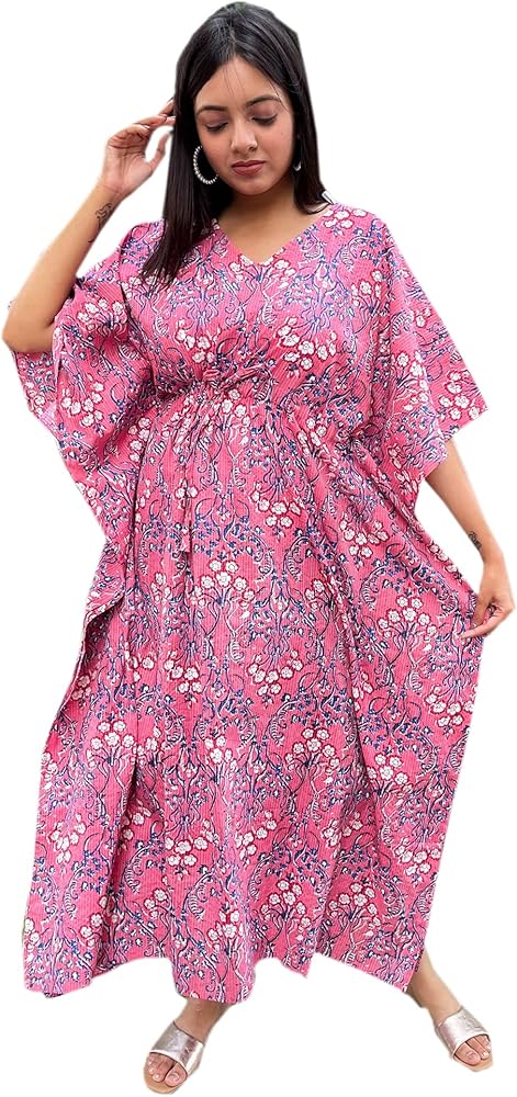 Designer Pure Hand Block Sanganeri Shibori Print Kaftan Length 52 inch Free Size for Women and Ladies_KAF-056 (Pink)