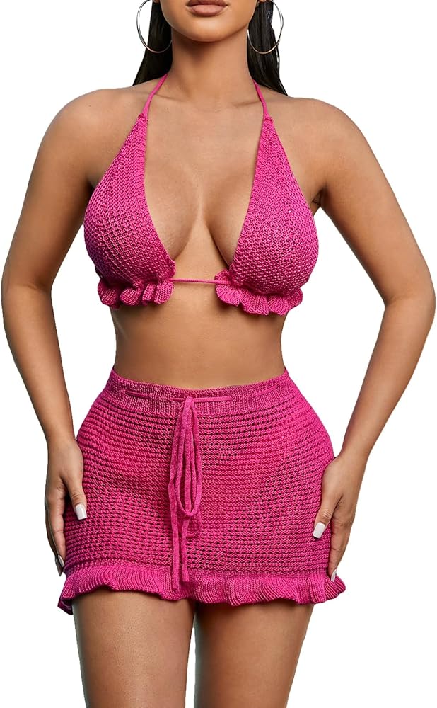 Milumia Women's 2 Piece Knitted Swimsuit Coverups Crochet Halter Top and Skirt Set