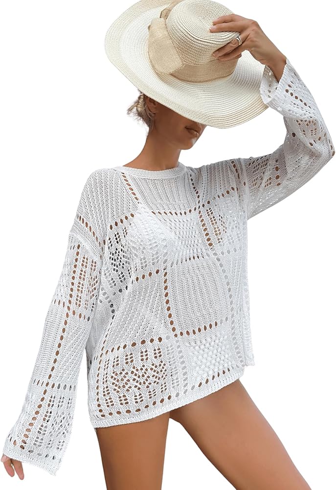 SOLY HUX Swim Cover Up for Women Hollow Out Crochet Sheer Long Sleeve Tops Bikini Swimsuit