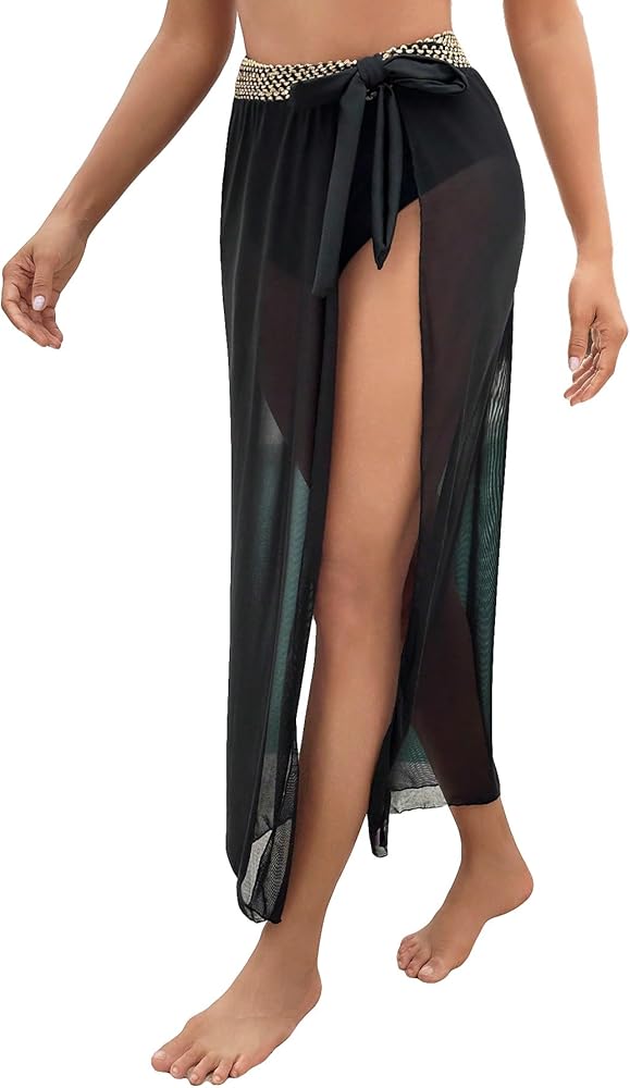 OYOANGLE Women's Mesh Sheer Split Knot Side Beach Skirts Swimsuit Cover Up Skirt Beachwear