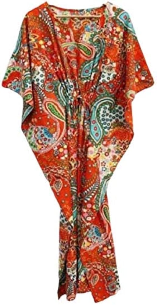 Indian Hand Block Paisley Print Cotton Kaftan Beach Wear Cover Up Night Gown Sleepwear Kaftan Bridesmaid Kaftan Longwear (Orange)