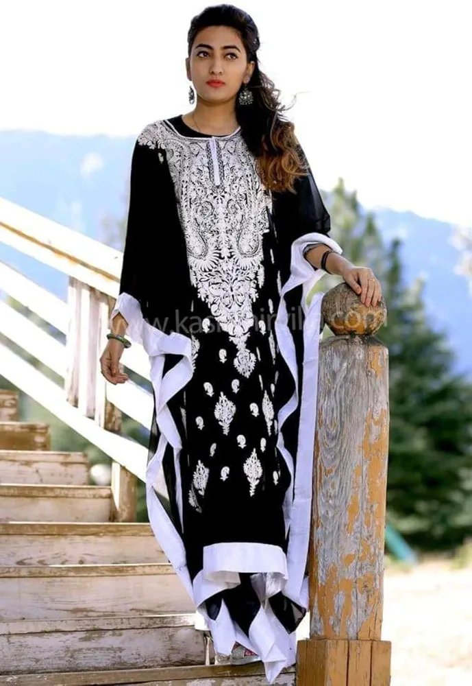 Charcoal Black Colour Georgette Kashmiri Aari Work Designer Kaftan Dry Clean only Georgette Large