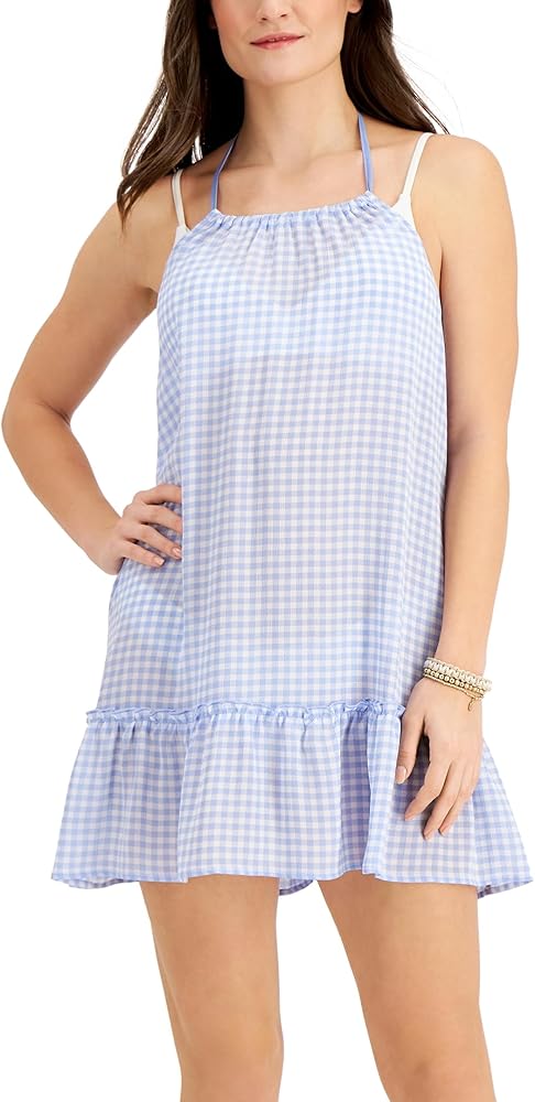 Miken Juniors Blue Plaid High-Neck Tiered Cover-Up Dress