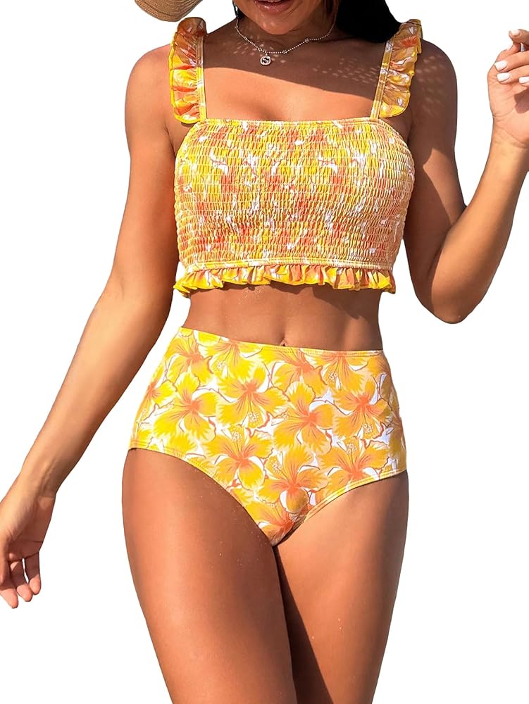 WDIRARA Women's Floral Print Tankini Set 2 Piece Ruffle Swimsuits Spaghetti Strap Bathing Suits