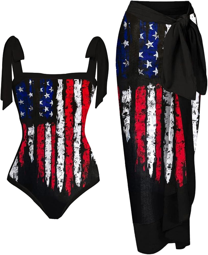 4Th of July Two Piece Swimsuits for Women American Flag Patriotic Bikini Set with Beach Cover Up Skirt Bathing Suit